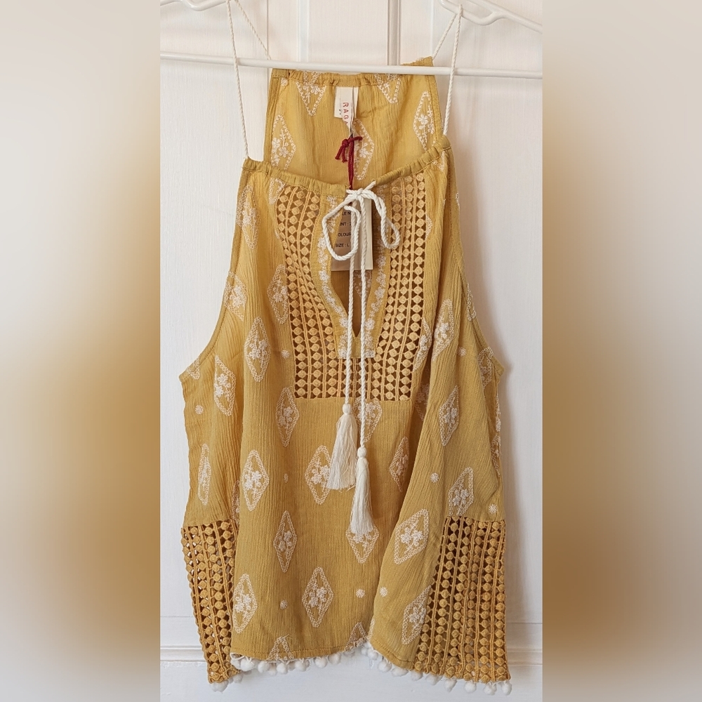 RAGA for Anthropologie Yellow Boho Festival Crochet Tassel Swing Tank Top Sz LG
